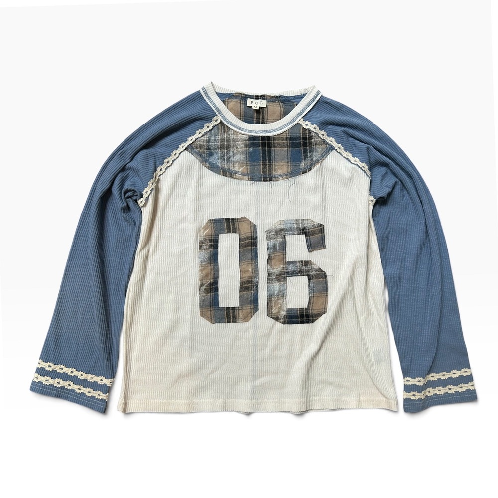 POL NEW Plaid Varsity Raglan Top Blue Cream Medium